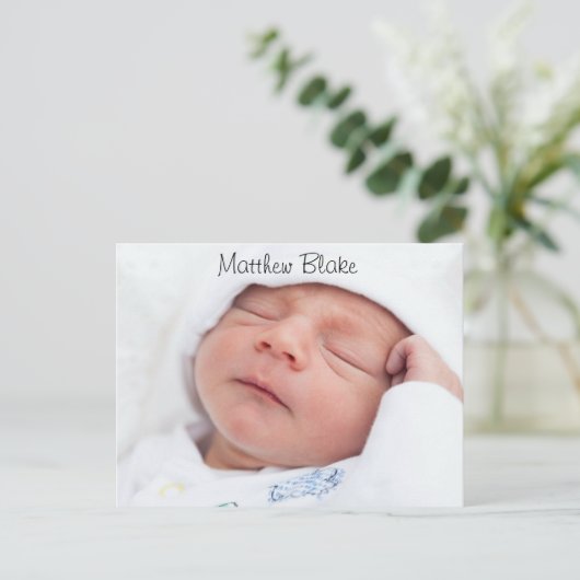 男の赤ちゃん写真の生誕発表状況はがき ポストカード (スタンド正面)