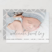 男の赤ちゃん写真の誕生発表グレークローバー 案内状 (正面/裏面)