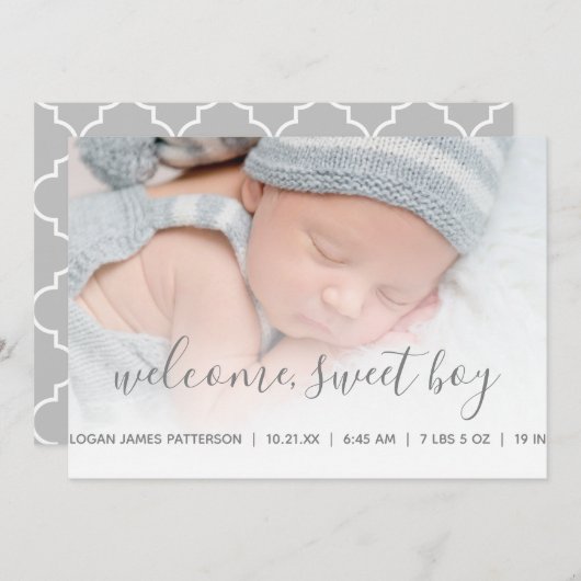 男の赤ちゃん写真の誕生発表グレークローバー 案内状 (正面/裏面)