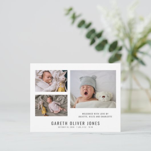 男の赤ちゃん写真コラージュの誕生発表 ポストカード (スタンド正面)