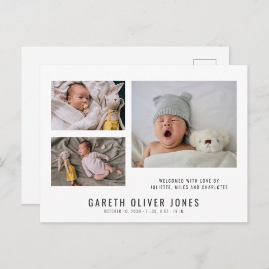 男の赤ちゃん写真コラージュの誕生発表 ポストカード (正面/裏面)