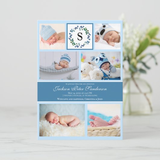 男の赤ちゃん写真コラージュ出生告知モノグラム 案内状