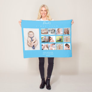 男の赤ちゃん写真コラージュ記念1年目 フリースブランケット