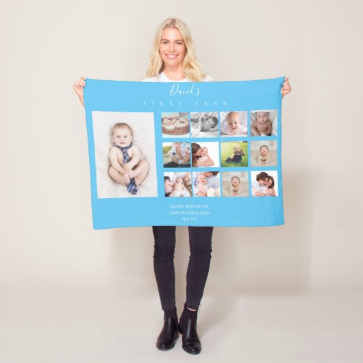 男の赤ちゃん写真コラージュ記念1年目 フリースブランケット (インサイチュ)