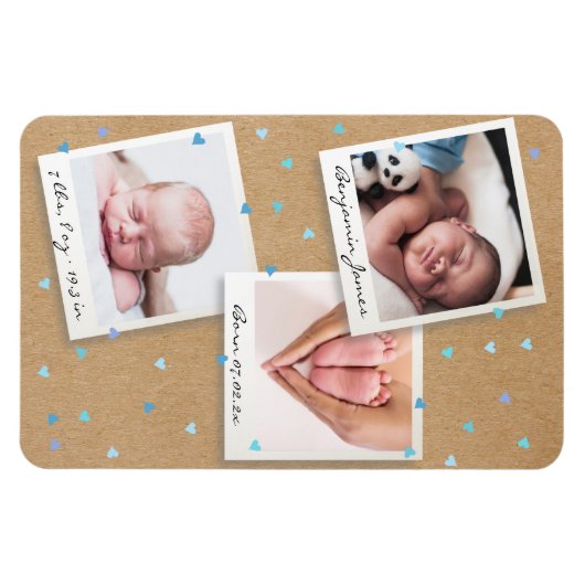 男の赤ちゃん写真コラージュ誕生の統計のお知らせ マグネット (横)