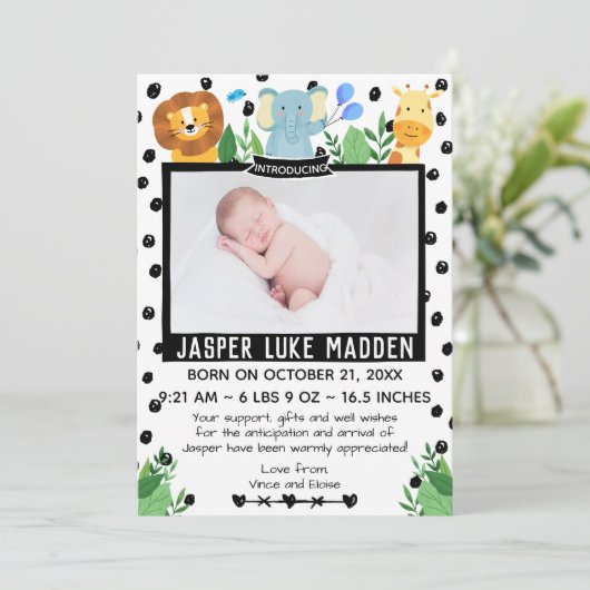 男の赤ちゃん写真ジャングル動物アナウンスメントカード 案内状 (スタンド正面)