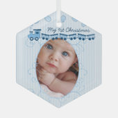 男の赤ちゃん写真ブルー潮長電車誕生記録 ガラスオーナメント (正面)