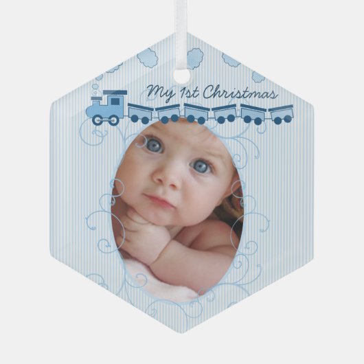 男の赤ちゃん写真ブルー潮長電車誕生記録 ガラスオーナメント (正面)