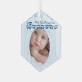 男の赤ちゃん写真ブルー潮長電車誕生記録 ガラスオーナメント (正面左)