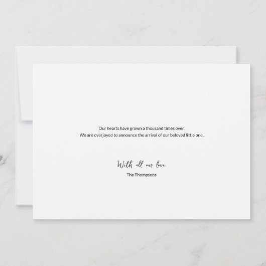 男の赤ちゃん写真モダン名スクリプト誕生 案内状 (裏面)