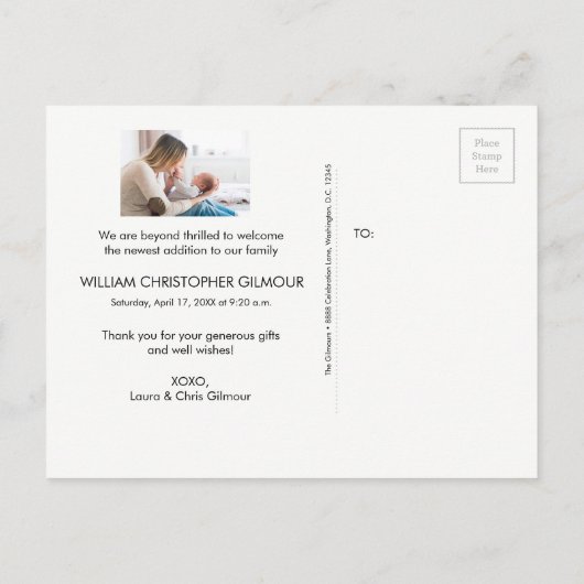 男の赤ちゃん写真名感謝赤ちゃんシャワー 案内ポストカード (裏面)