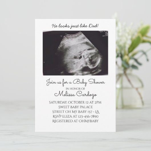 男の赤ちゃん写真超音波ベビーシャワー招待状 招待状 (スタンド正面)