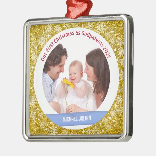 男の赤ちゃん写真1stクリスマスゴッドペアレントゴールデン メタルオーナメント (左)