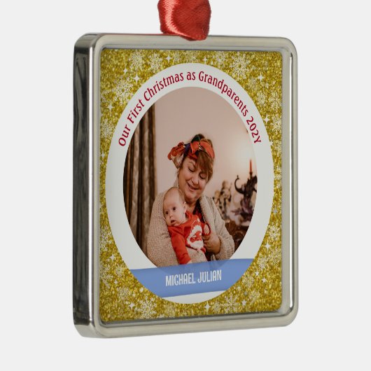 男の赤ちゃん写真1stクリスマス祖父母ゴールデン メタルオーナメント (右)