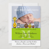 男の赤ちゃん出産のお知らせジャングル動物グリーン 案内状 (正面)