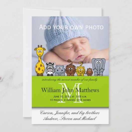 男の赤ちゃん出産のお知らせジャングル動物グリーン 案内状 (正面)