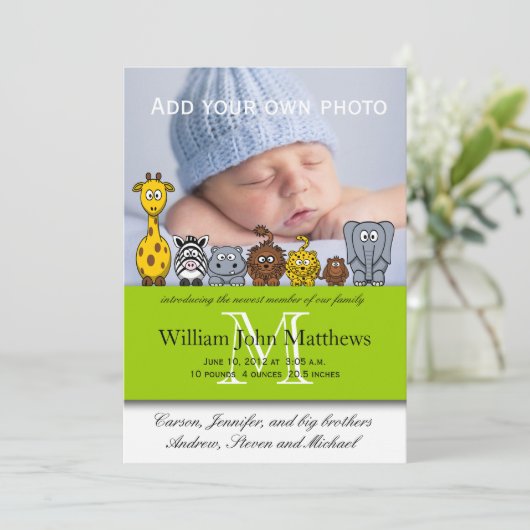 男の赤ちゃん出産のお知らせジャングル動物グリーン 案内状 (スタンド正面)
