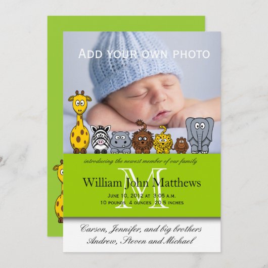 男の赤ちゃん出産のお知らせジャングル動物グリーン 案内状 (正面/裏面)