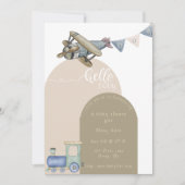 男の赤ちゃん列車と飛行機ベビーシャワー 招待状 (正面)