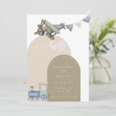 男の赤ちゃん列車と飛行機ベビーシャワー 招待状 (スタンド正面)