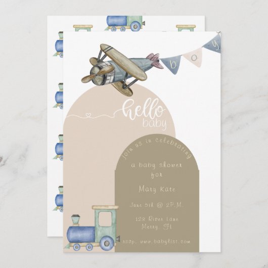 男の赤ちゃん列車と飛行機ベビーシャワー 招待状 (正面/裏面)