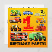 男の赤ちゃん初の誕生日建築トラックパーティー 招待状 (正面/裏面)