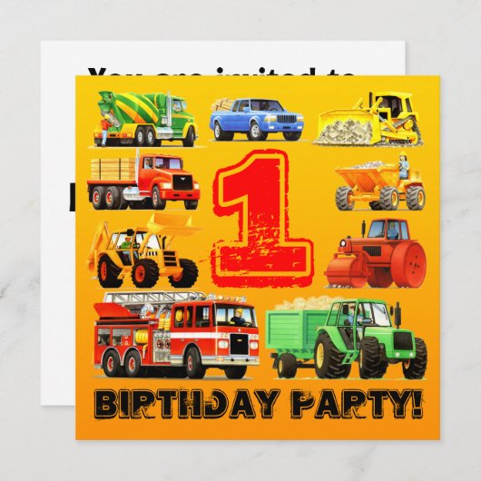 男の赤ちゃん初の誕生日建築トラックパーティー 招待状 (正面/裏面)