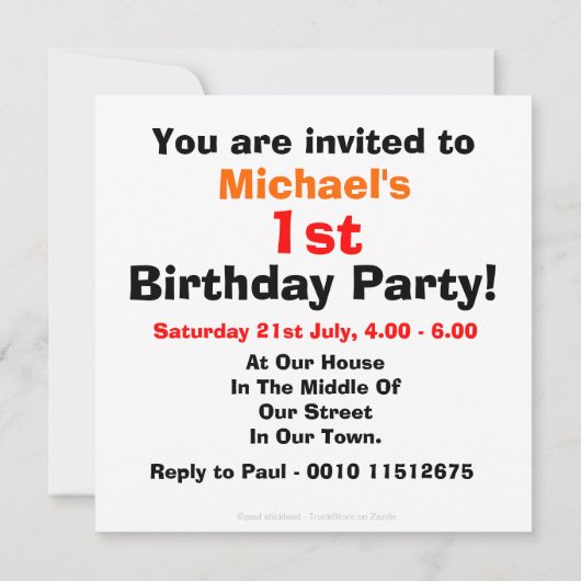 男の赤ちゃん初の誕生日建築トラックパーティー 招待状 (裏面)