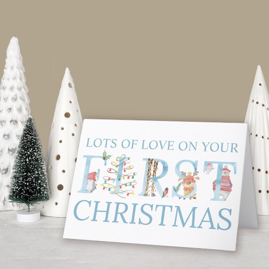 男の赤ちゃん初めてのクリスマスかわいいパーソナライズされた動物 シーズンカード