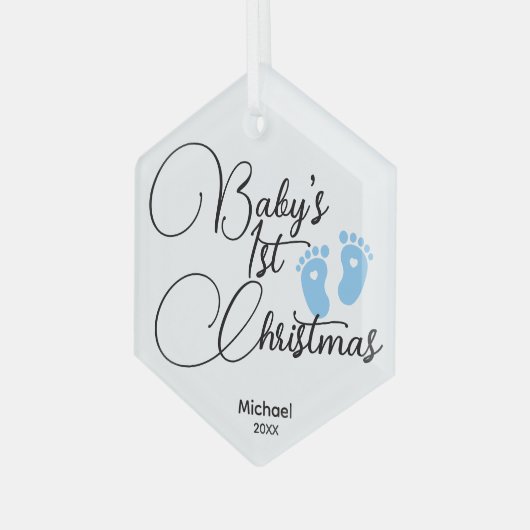男の赤ちゃん初めてのクリスマスオーナメント- パーソナライズされた ガラスオーナメント (正面左)