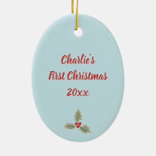 男の赤ちゃん初めてのクリスマスズファーストキュートパステルブルー セラミックオーナメント (裏面)
