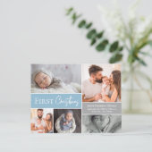 男の赤ちゃん初めてのクリスマスファミリーフォトブルー ポストカード (スタンド正面)