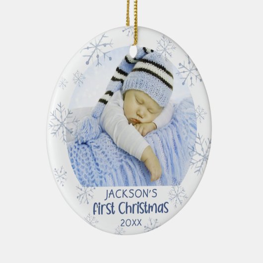 男の赤ちゃん初めてのクリスマスフォトブルースノーフレーク名 セラミックオーナメント (右)