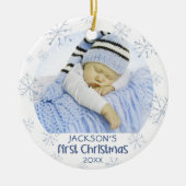 男の赤ちゃん初めてのクリスマスフォトブルースノーフレーク名 セラミックオーナメント (正面)
