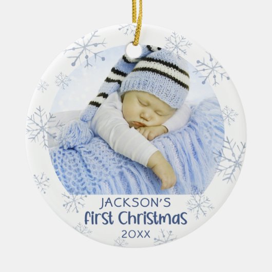 男の赤ちゃん初めてのクリスマスフォトブルースノーフレーク名 セラミックオーナメント (正面)
