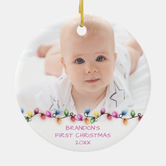 男の赤ちゃん初めてのクリスマスライトテディベアフォト セラミックオーナメント (裏面)