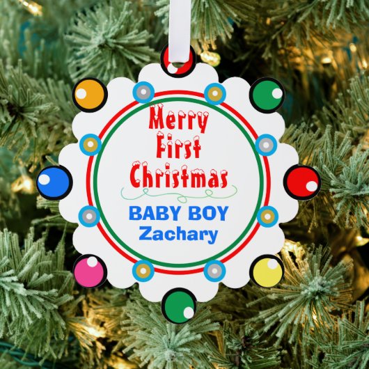 男の赤ちゃん初めてのクリスマスレッドグリーンブルー オーナメントカード (インサイチュ (木))