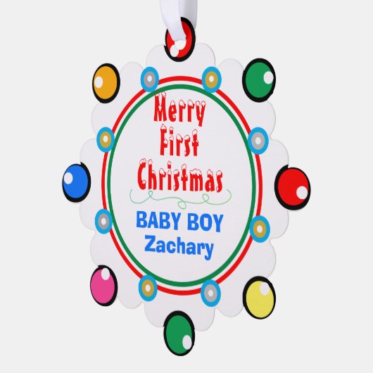 男の赤ちゃん初めてのクリスマスレッドグリーンブルー オーナメントカード (左)