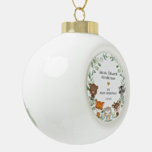 男の赤ちゃん初めてのクリスマス森林緑化動物 セラミックボールオーナメント (左)