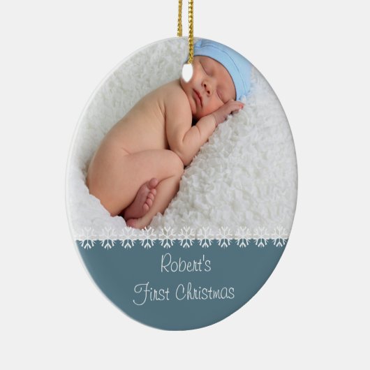 男の赤ちゃん初めてのクリスマスw.写真と統計-青 セラミックオーナメント (右)