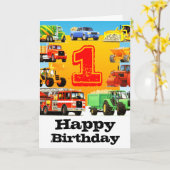 男の赤ちゃん初誕生日建築車 カード (黄色い花)