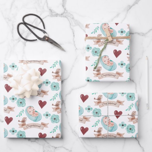 男の赤ちゃん包装紙フラットシートセット3 ラッピングペーパーシート (正面)