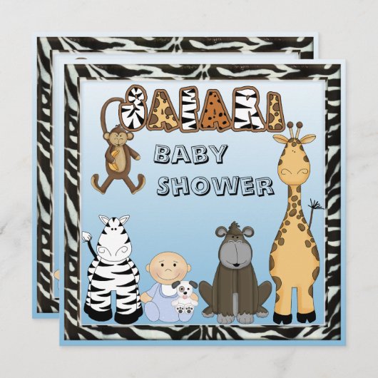 男の赤ちゃん及びサファリ動物のベビーシャワー 招待状 (正面/裏面)