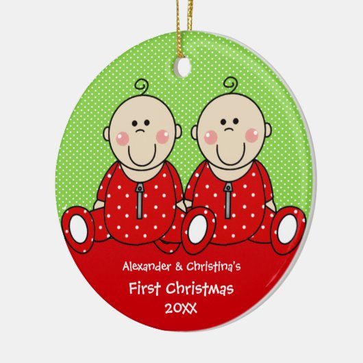 男の赤ちゃん及び女の子の双生児の初めてのクリスマスのオーナメント セラミックオーナメント (左)