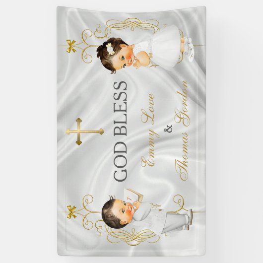 男の赤ちゃん及び女の子の双生児の洗礼の《キリスト教》洗礼式や命名式の金ゴールド 横断幕 (縦)