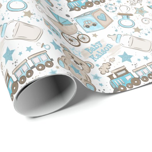 男の赤ちゃん名の追加子供部屋青生まれたばかりのグリッター ラッピングペーパー (ロールコーナー)