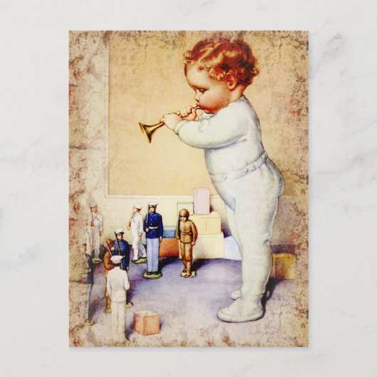 男の赤ちゃん吹の角を兵士に向ける ポストカード (正面)