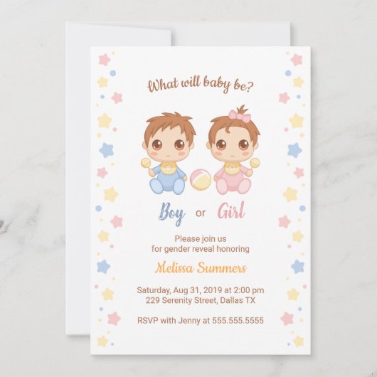 男の赤ちゃん女の子の性別の表示パーティー 招待状 (正面)
