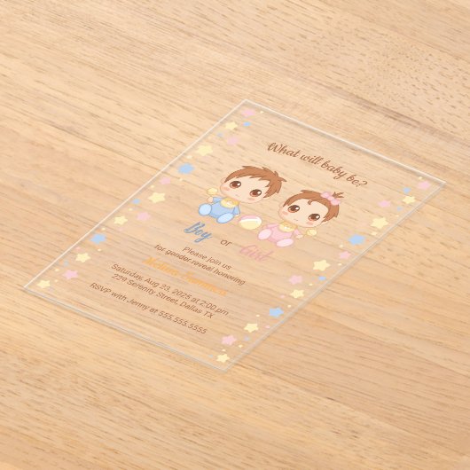 男の赤ちゃん女の子の性別リビールパーティー透明 アクリル招待状 (レイダウン)