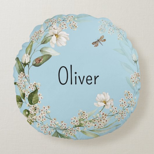 男の赤ちゃん子供部屋デコールウォーター色フローラ ラウンドクッション (正面)